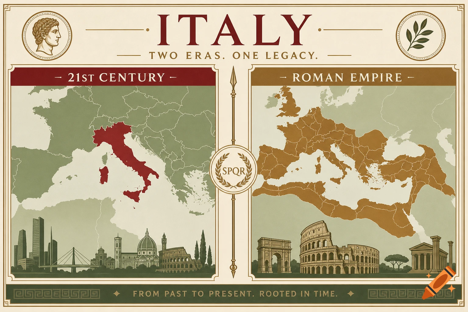 Infographic comparing Italy, showing its modern map and cityscape, with the map and iconic architecture of the Roman Empire.
