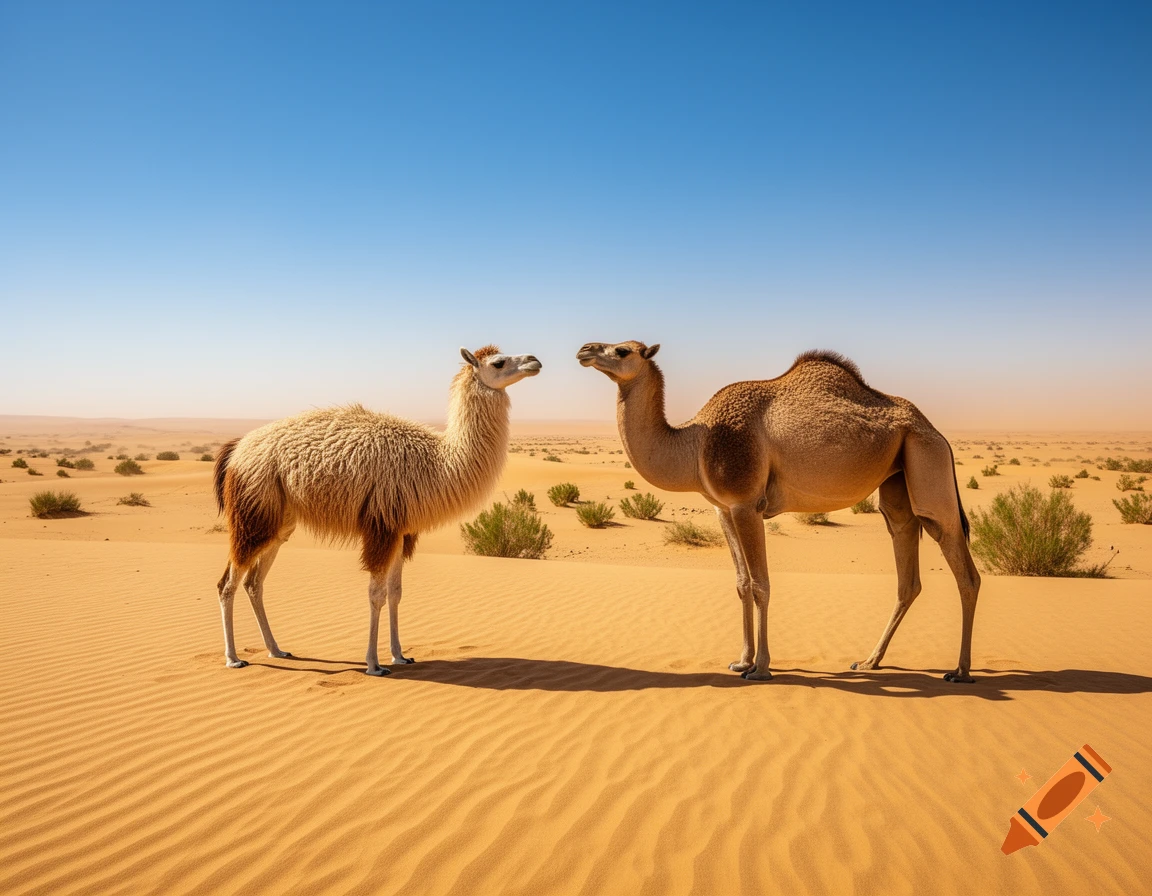 A llama and a camel stand facing each other in a vast, sunny desert with sand dunes and sparse shrubs under a clear blue sky.