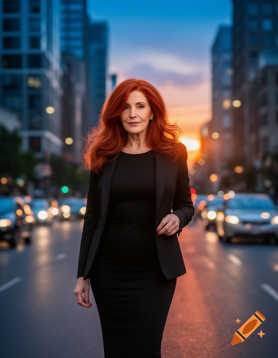 Photorealistic portrait of a woman with red hair in a black dress suit walking on a city street at sunset.