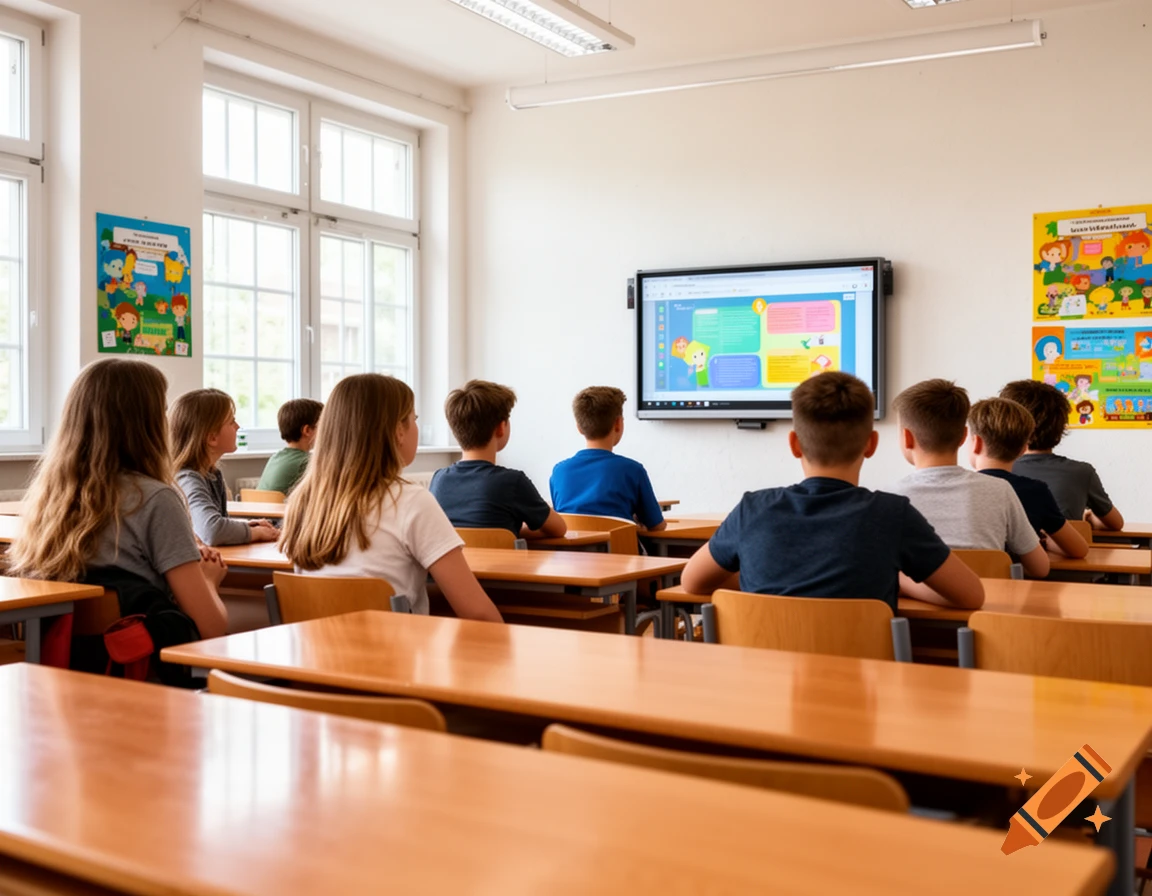 Students sit at wooden desks in a brightly lit classroom, looking at a smartboard on the wall.