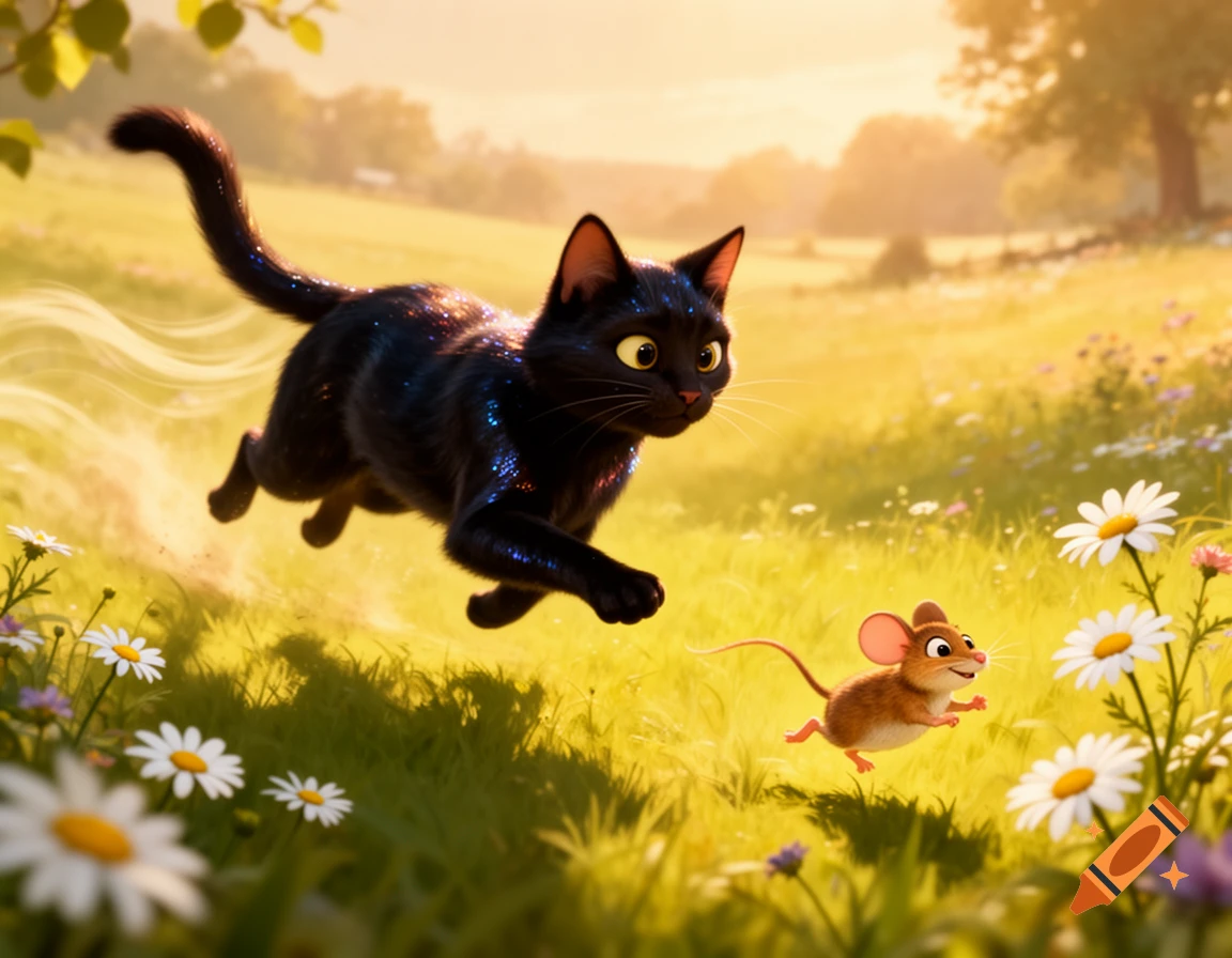 A cartoon black cat with sparkling fur leaps after a small brown mouse through a sunny, daisy-filled green field.