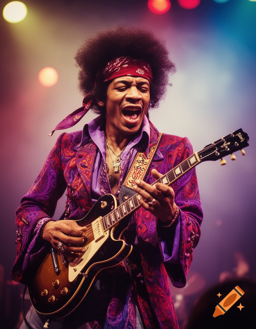 A vibrant close-up of Jimi Hendrix passionately playing an electric guitar on stage, wearing a purple jacket and red bandana.