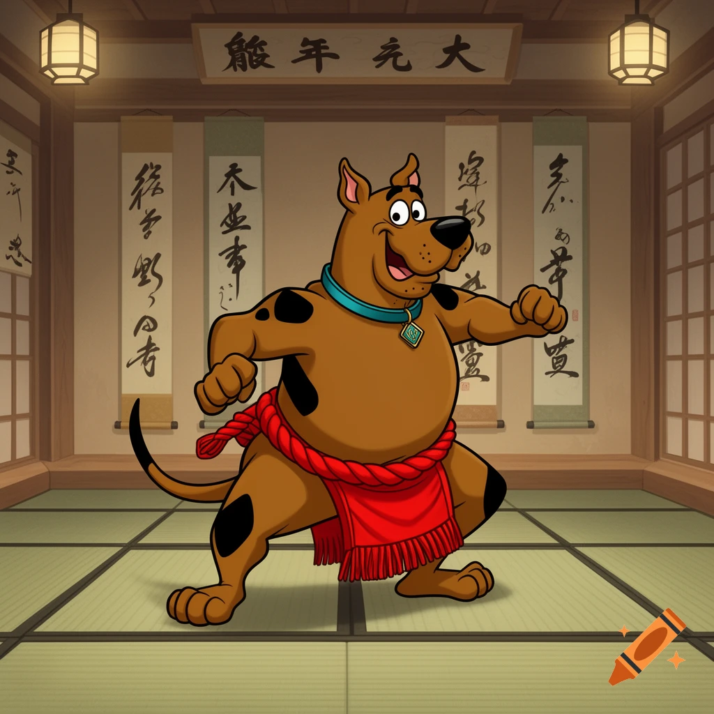 Cartoon Scooby-Doo, wearing a red sumo mawashi, stands in a fighting stance in a traditional Japanese dojo with scrolls and lanterns.
