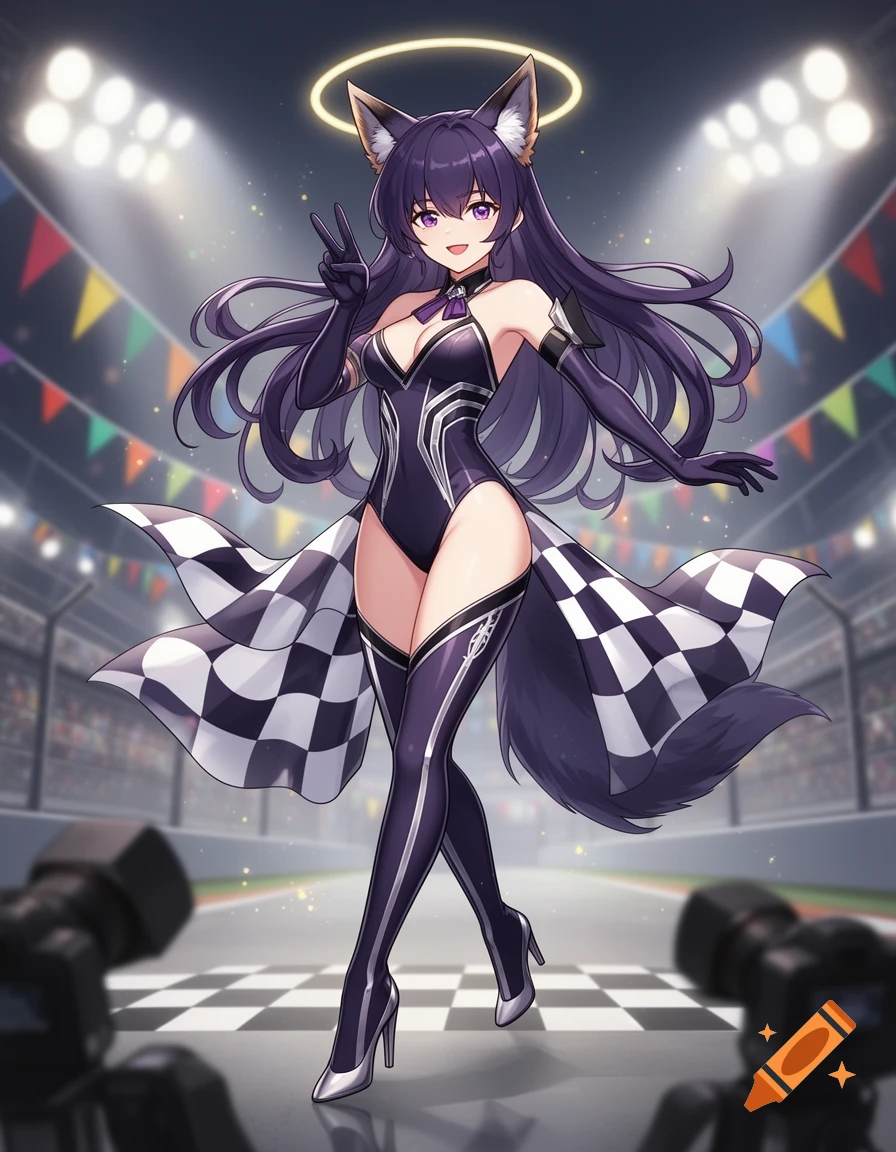 Anime girl with dark purple hair, fox ears, and tail in a black race queen outfit, making a peace sign on a race track with checkerboard flags.
