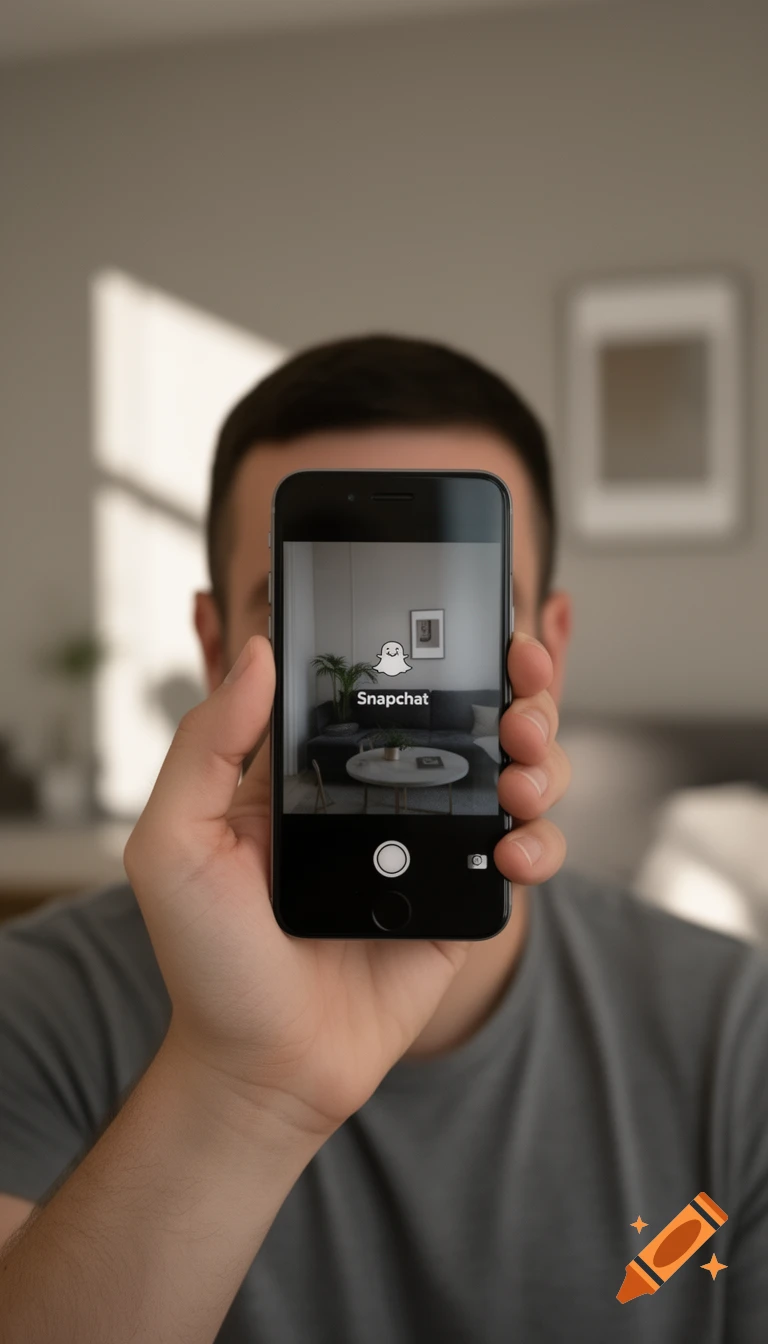Close-up of a person holding a smartphone, displaying the Snapchat camera interface over their face, with a living room visible on screen.
