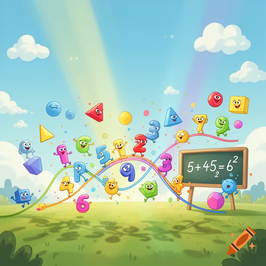 Vibrant cartoon numbers and shapes bounce on colorful lines above a green landscape, with a chalkboard displaying a math problem.