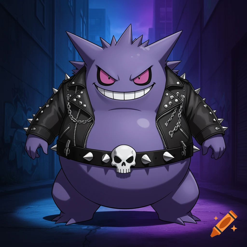 A purple Gengar wearing a spiked black leather punk jacket and a spiked belt with a skull buckle, standing in a dark alley.