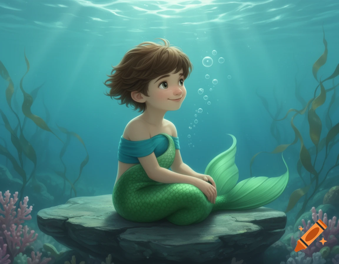 A brown-haired merboy with a teal top and green tail sits on a rock underwater, smiling shyly, in a cartoon style.