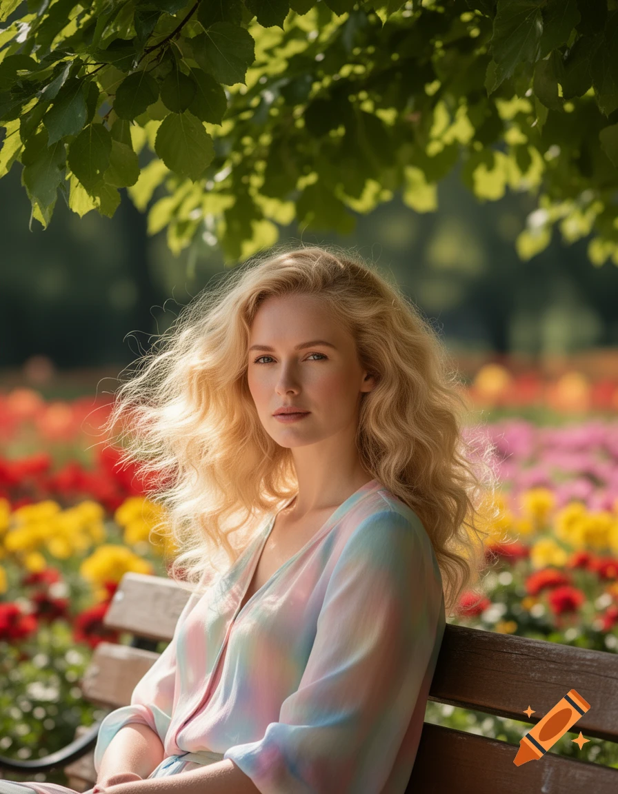 Blonde woman with curly hair sits on a park bench, wearing a pastel blouse, with colorful flowers and green leaves in the background.