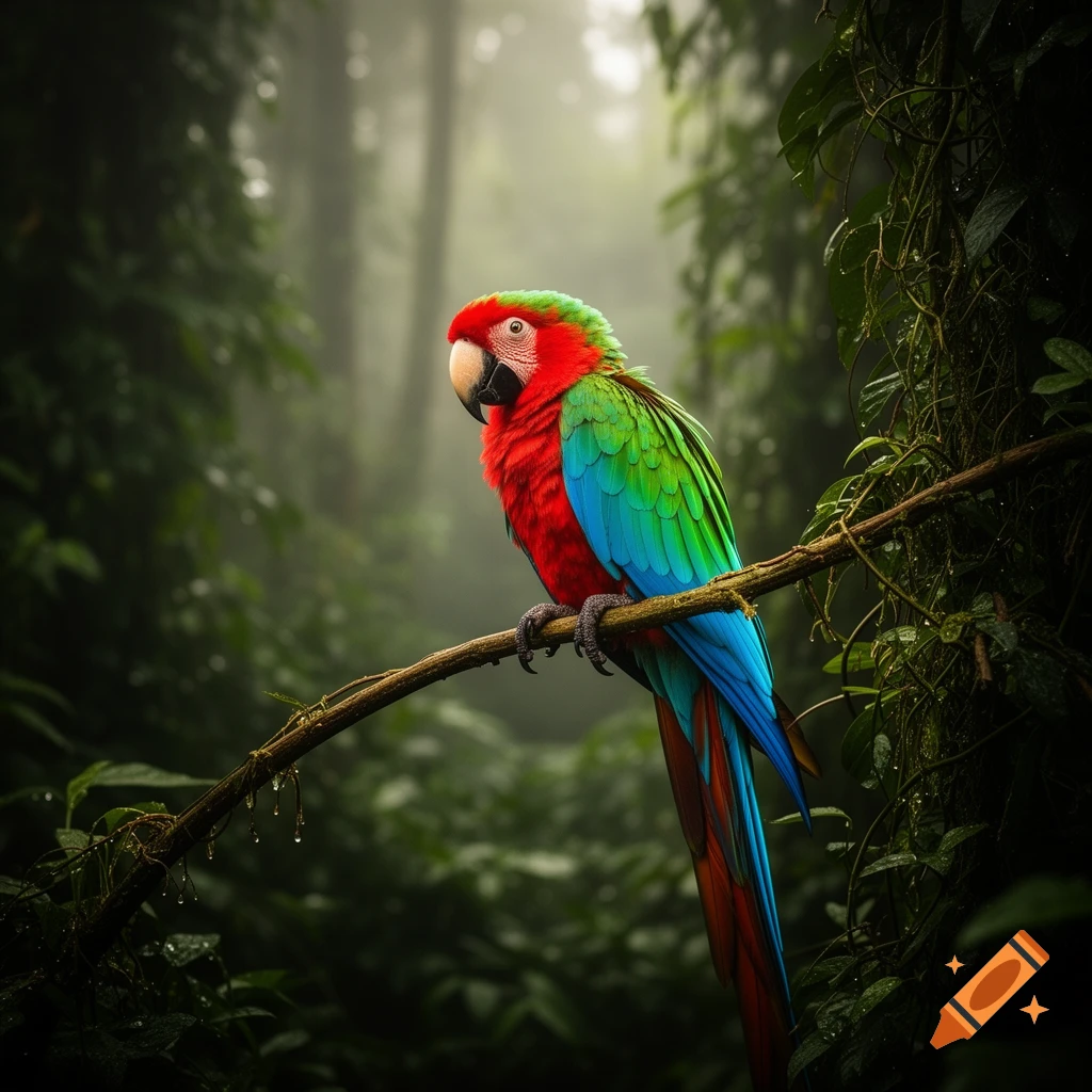A vibrant red, green, and blue parrot perched on a branch in a misty, lush green jungle, photorealistic.