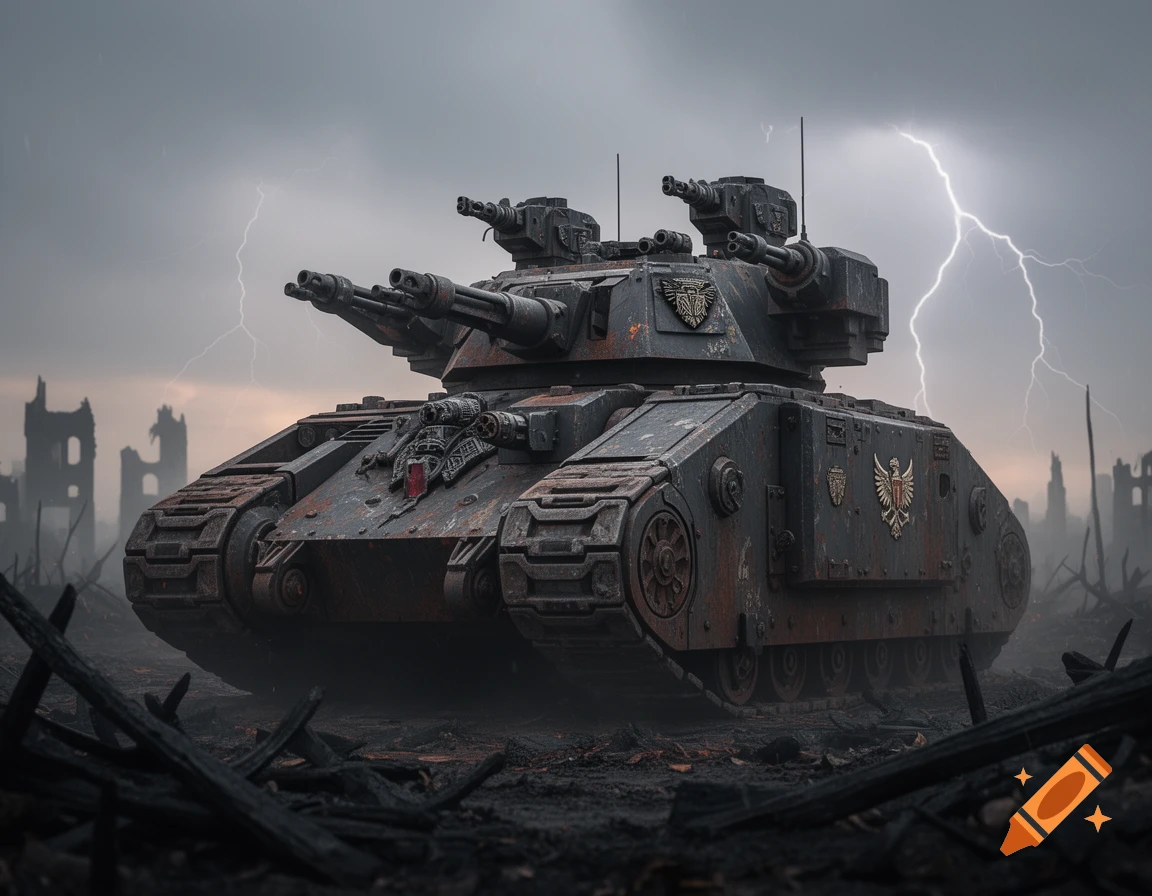 A heavily armored, dark grey Rogal Dorn tank from Warhammer 40k, inspired by the T-35, stands amidst a ruined city under a stormy sky with lightning.