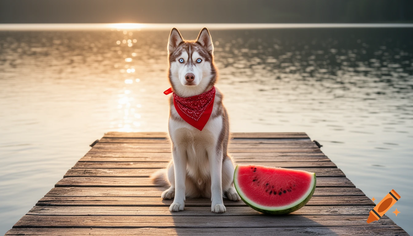 Photorealistic image of a Siberian Husky with a red bandana, sitting on a wooden dock next to a watermelon slice at sunset.