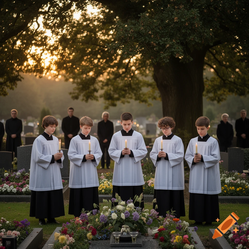 Five young altar servers in white and black robes hold lit candles at a flower-adorned grave in a cemetery at golden hour.