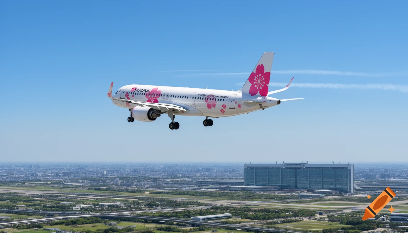 A white airplane adorned with pink cherry blossoms and "Sakura" text descends over a cityscape and airport.