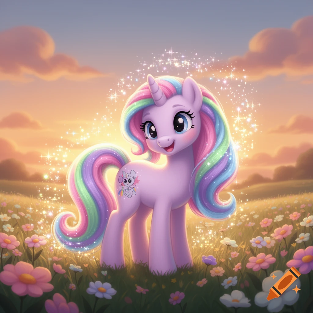 A cute, pastel pink unicorn with a rainbow mane and tail stands in a sparkling flower field at sunset, smiling.
