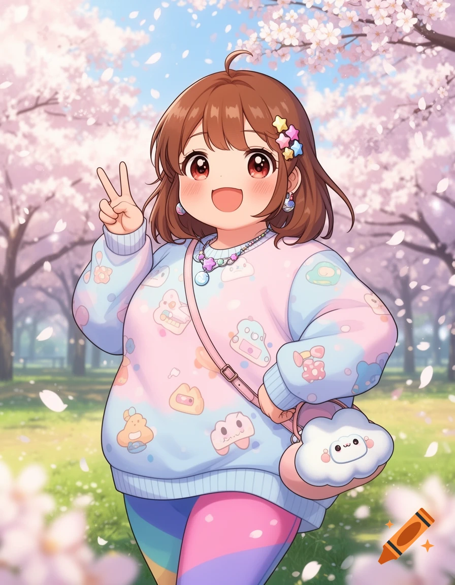 Chubby anime girl in a pastel sweater and rainbow leggings making a peace sign in a cherry blossom park.