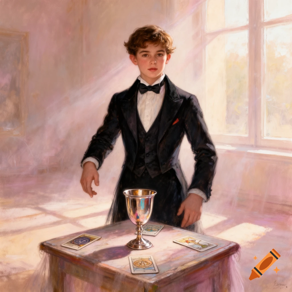 A young boy in a black tuxedo stands behind a table with a silver chalice and tarot cards, in a soft, sunlit painting style.