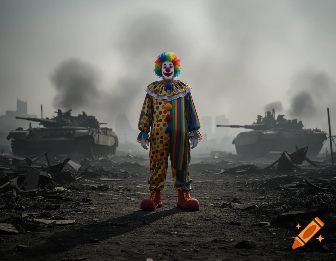 A clown in a colorful costume stands in the middle of a desolate, smoky battlefield with tanks in the background.