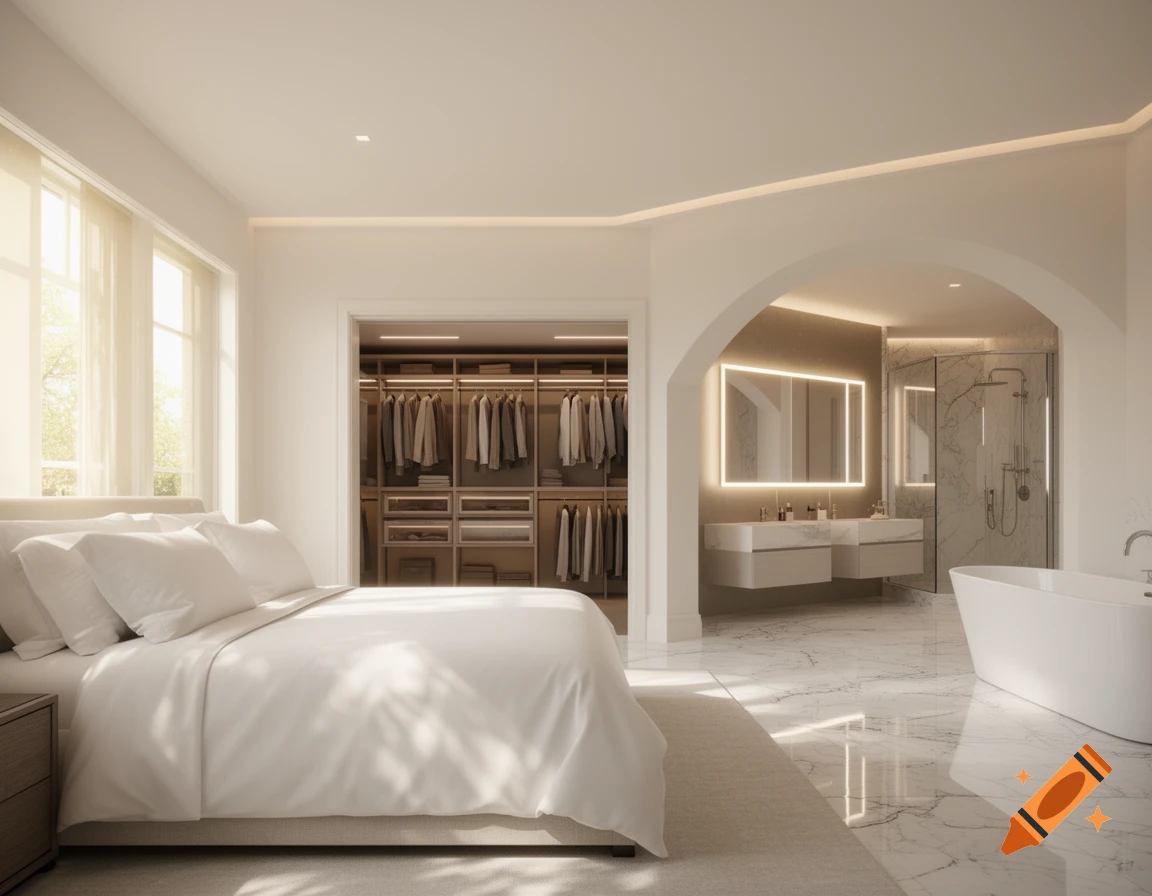A spacious, photorealistic luxury master bedroom suite with a king bed, walk-in closet, and an adjoining master bathroom with a freestanding tub.