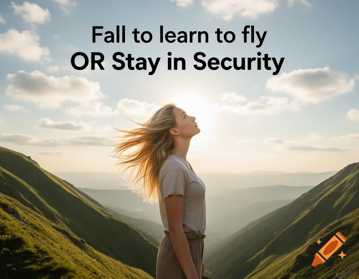 A blonde woman with windblown hair stands on a mountain peak at sunrise, looking up at the sky. Text reads: Fall to learn to fly OR Stay in Security.