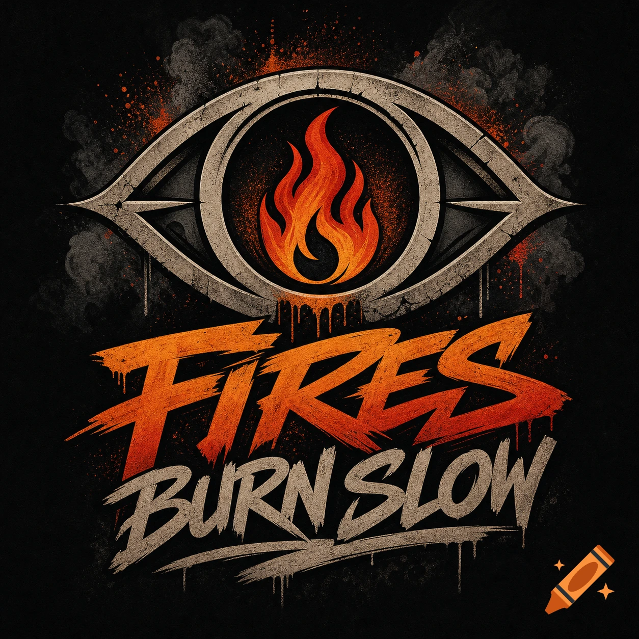 A grunge-style logo featuring a stylized eye with an orange flame in the center, above the words 'FIRES BURN SLOW'.