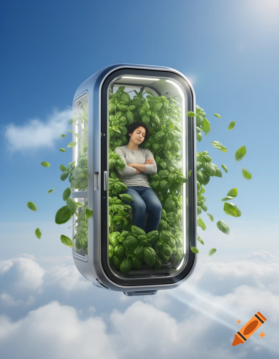 A person sleeps within a futuristic, clear vertical farm filled with basil, floating in a blue sky above clouds.