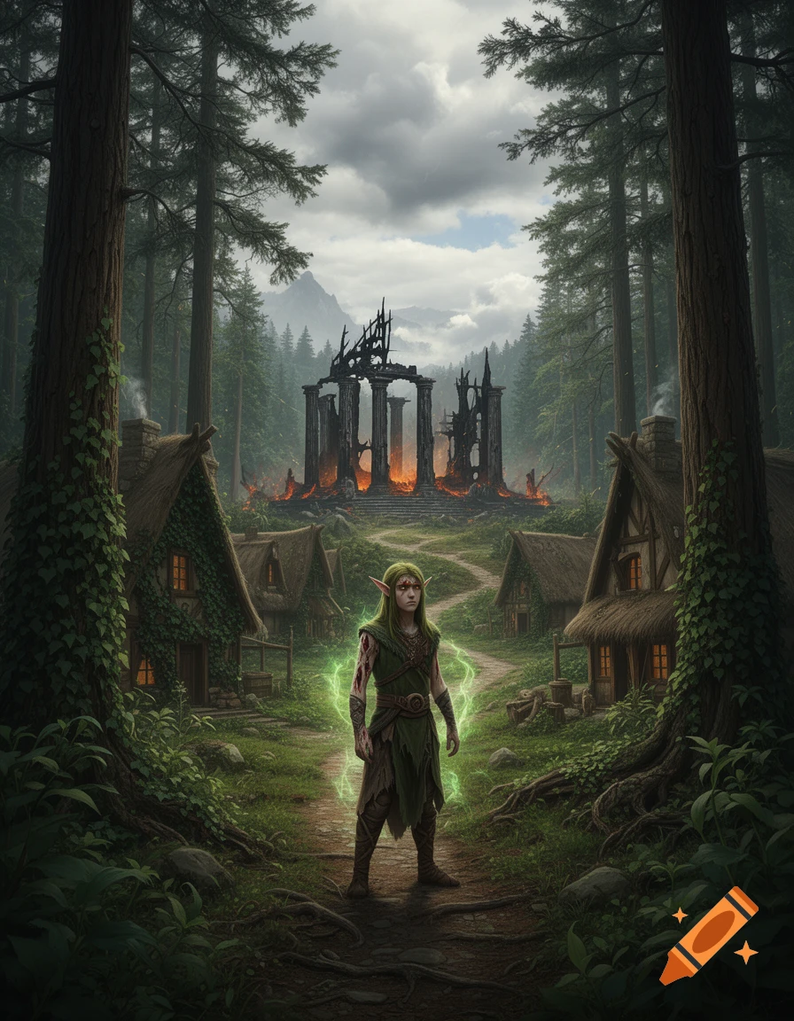 An elf with green hair, red eyes, and glowing green energy stands on a forest path before a burning ruined temple and small huts.