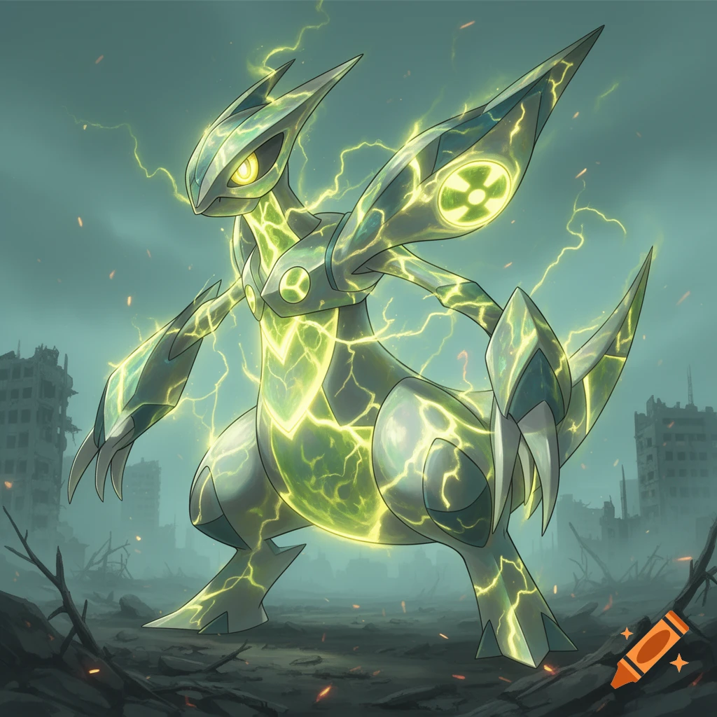 A gray and green nuclear-themed creature with glowing radioactive symbols and electricity stands in a ruined city landscape.