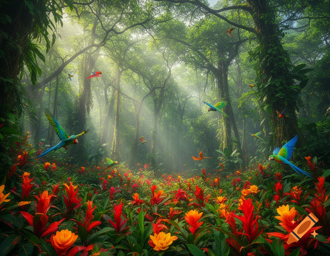 Vibrant rainforest scene with colorful macaws flying above a bed of bright red and orange tropical flowers, with sunbeams filtering through dense green canopy.