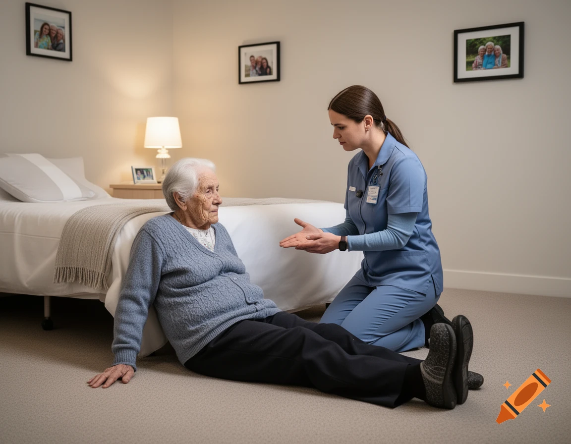 A caregiver kneels beside an elderly woman sitting on the floor in a bedroom, assessing her after a fall. Photorealistic image.