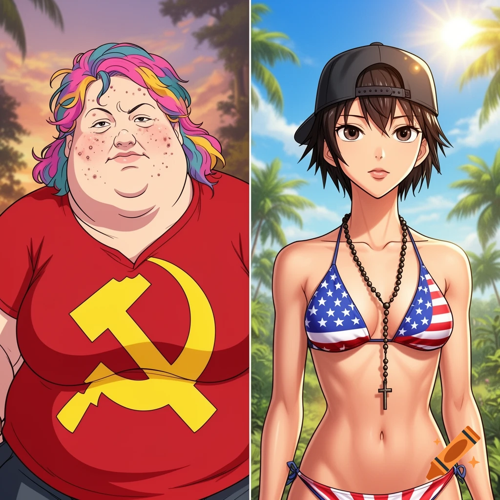 A side-by-side illustration of two women. Left: a heavy-set woman with rainbow hair, acne, wearing a red shirt with a hammer and sickle. Right: a fit anime-style woman in an American flag bikini, black cap, and rosary necklace.