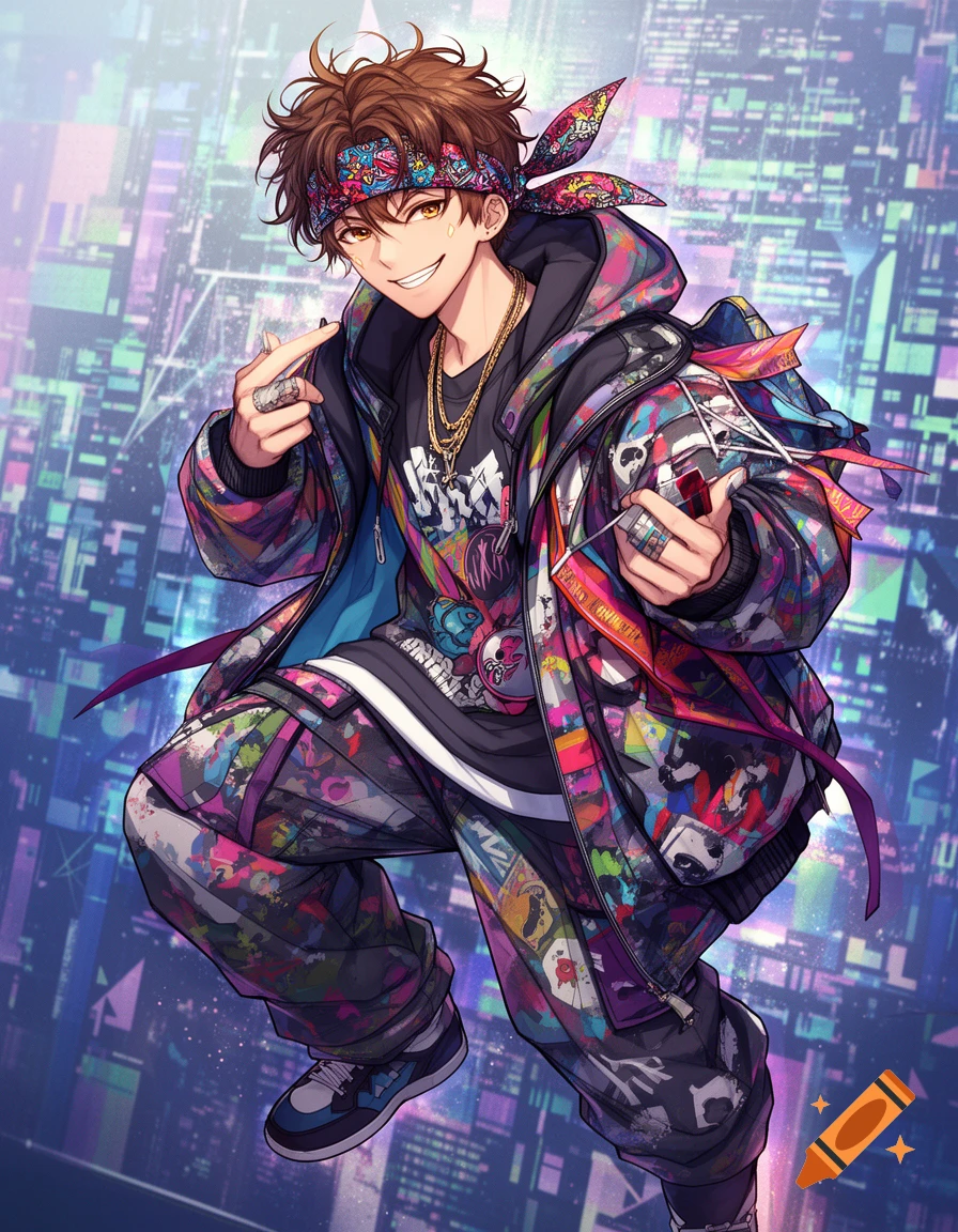 An anime-style male character with messy brown hair and a colorful bandana, wearing oversized, patterned streetwear, smirking in an energetic pose against a vibrant city background.