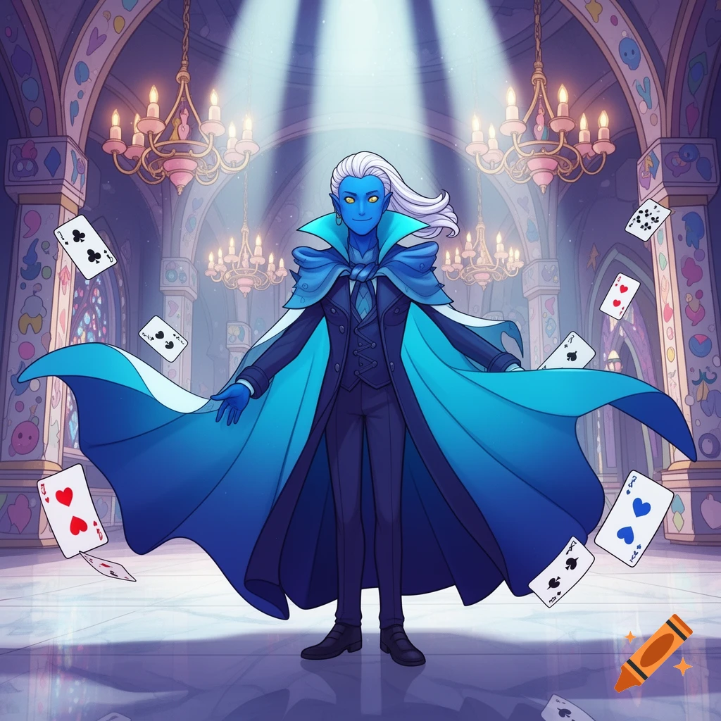 A blue-skinned man with white hair, wearing a blue cape and suit, stands in an ornate hall with floating playing cards in an anime style.