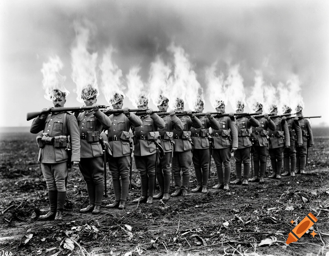 Black and white photograph of World War 1 soldiers standing in a line with flames on their heads.
