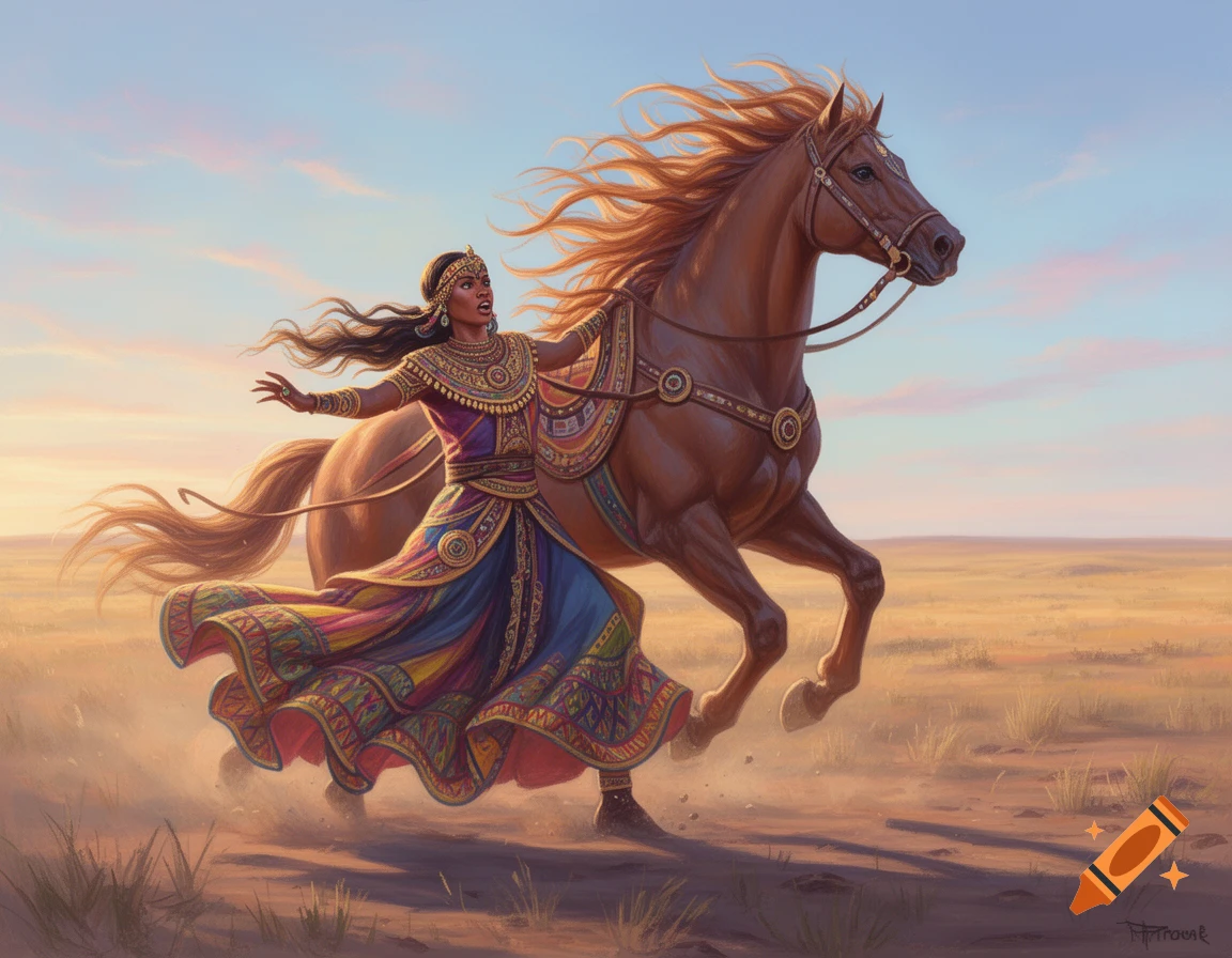 Ethiopian ruler Furra is thrown from a rearing horse in a pastel-colored, painted steppe landscape.