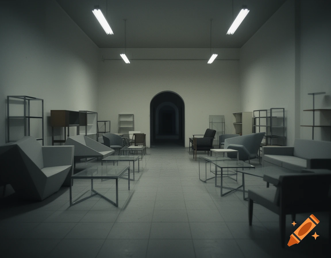 A dim, empty room with modern furniture and shelves, lit by fluorescent lights, leading to a dark arched hallway.