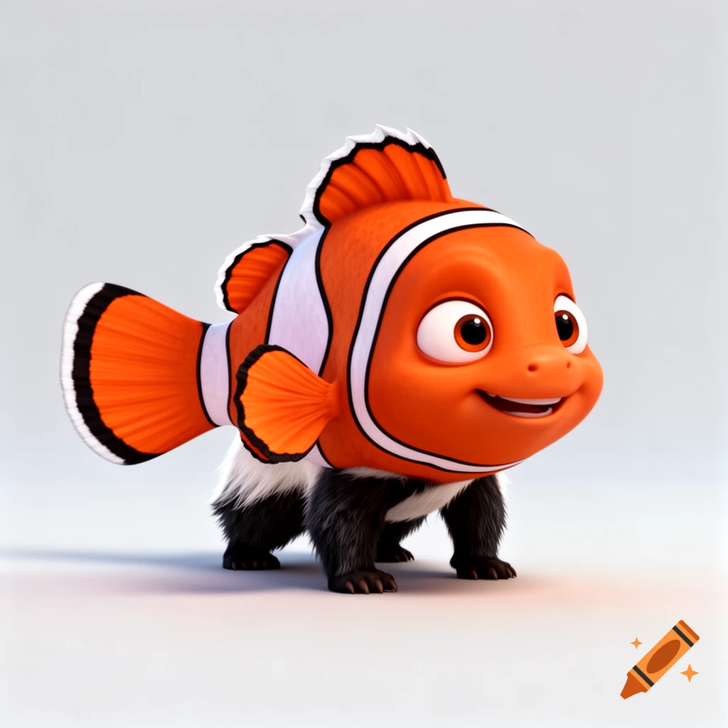 A cartoon clownfish with the body and legs of a honey badger stands on a light grey background, looking cute.