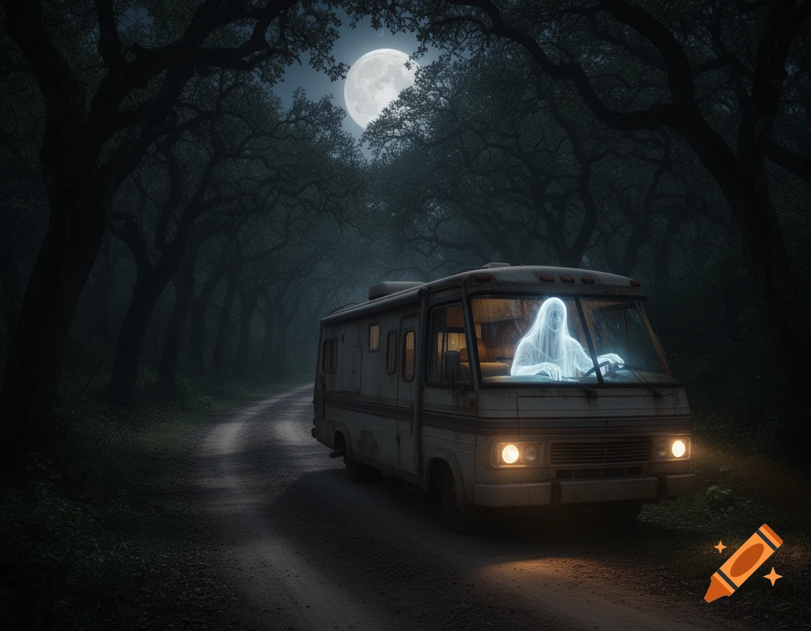 A ghost driving an old RV through a dark, foggy forest under a full moon, with headlights on.