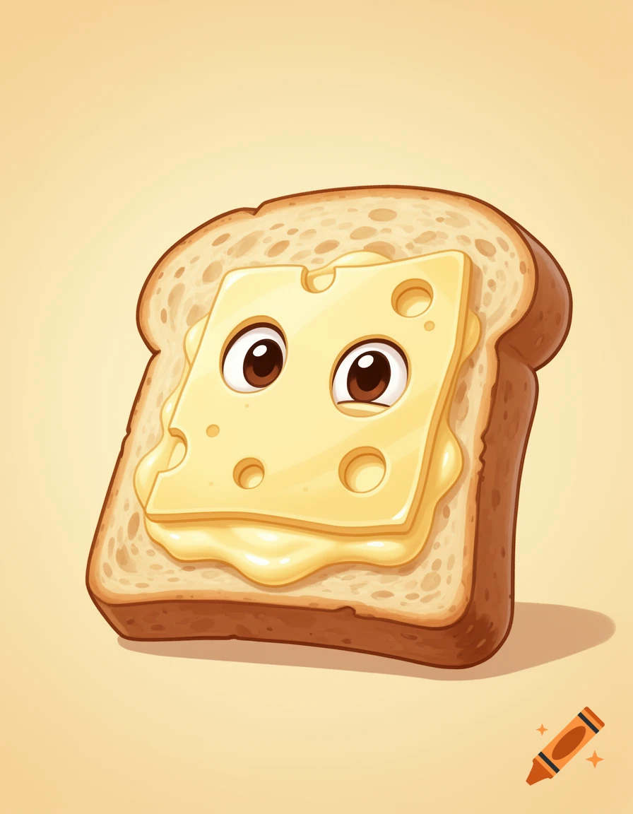 A cartoon slice of toast with melted butter and a slice of cheese with large holes and cartoon eyes.