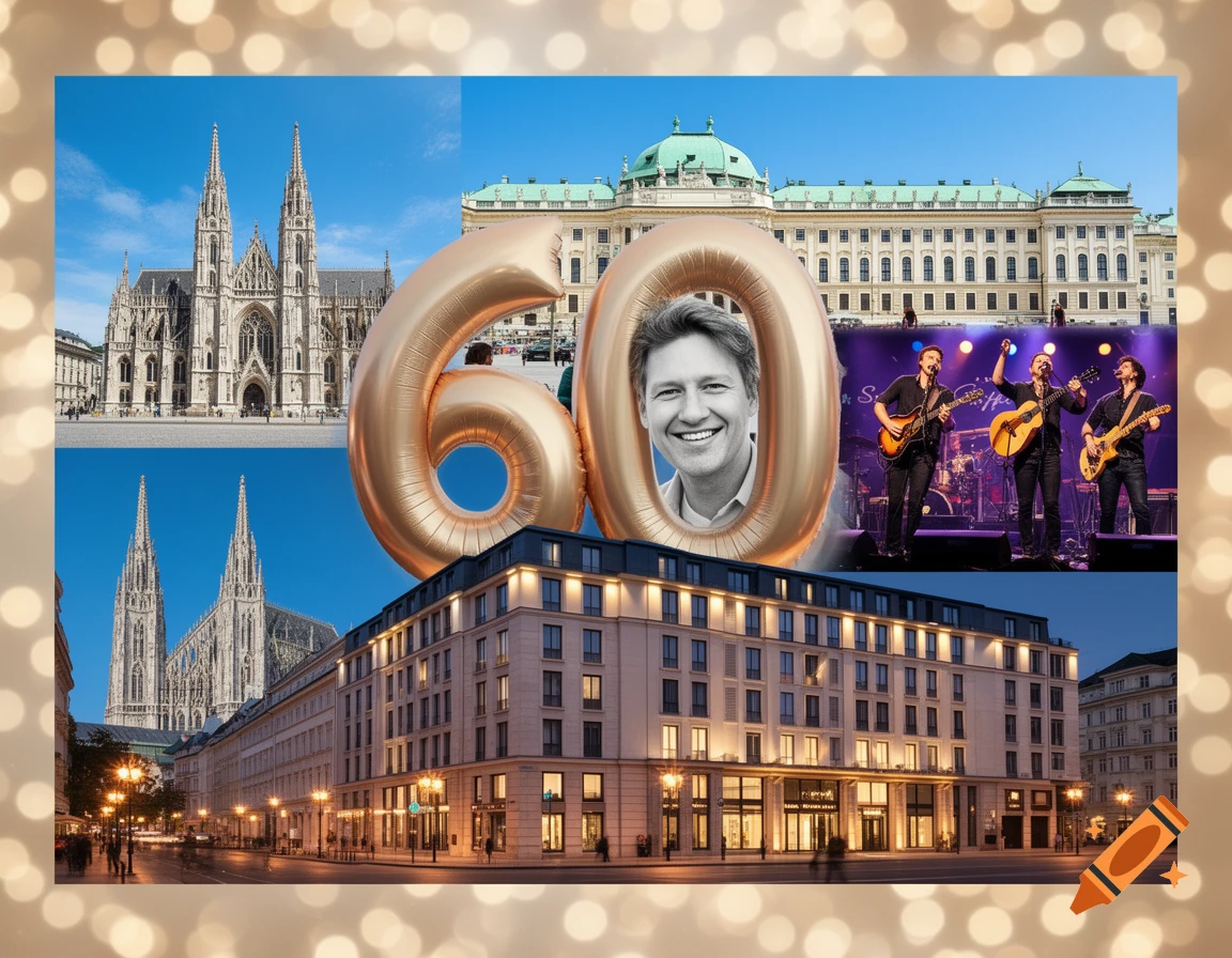 A celebratory collage for a 60th birthday, featuring gold '60' balloons with a man's smiling face in the '0', alongside images of Vienna landmarks, a modern hotel, and a band performing on stage, all set against a bokeh background.