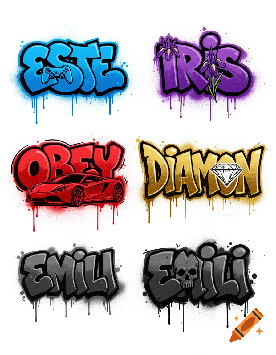Six colorful graffiti-style word art pieces on a white background, each with an associated icon.