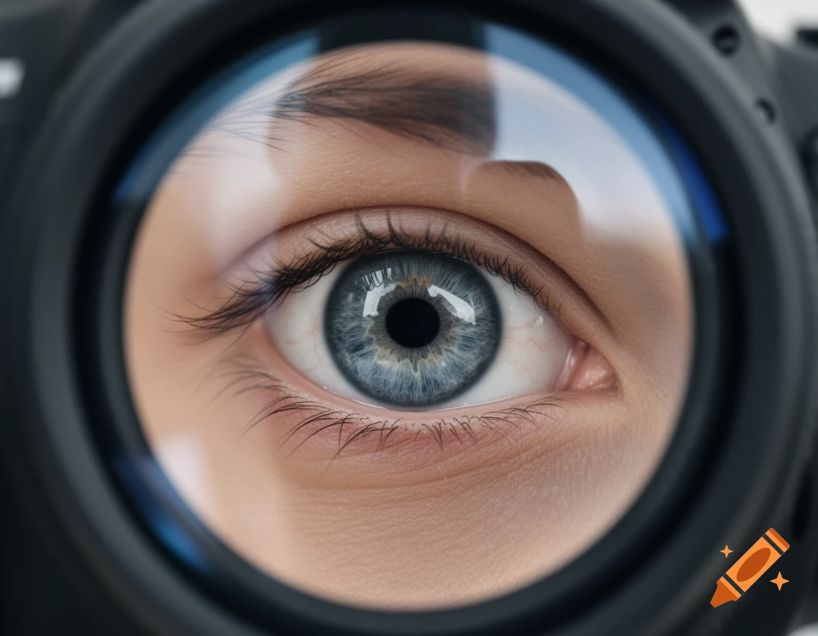 Close-up, photorealistic blue human eye seen through a camera lens, with reflections on the surface.