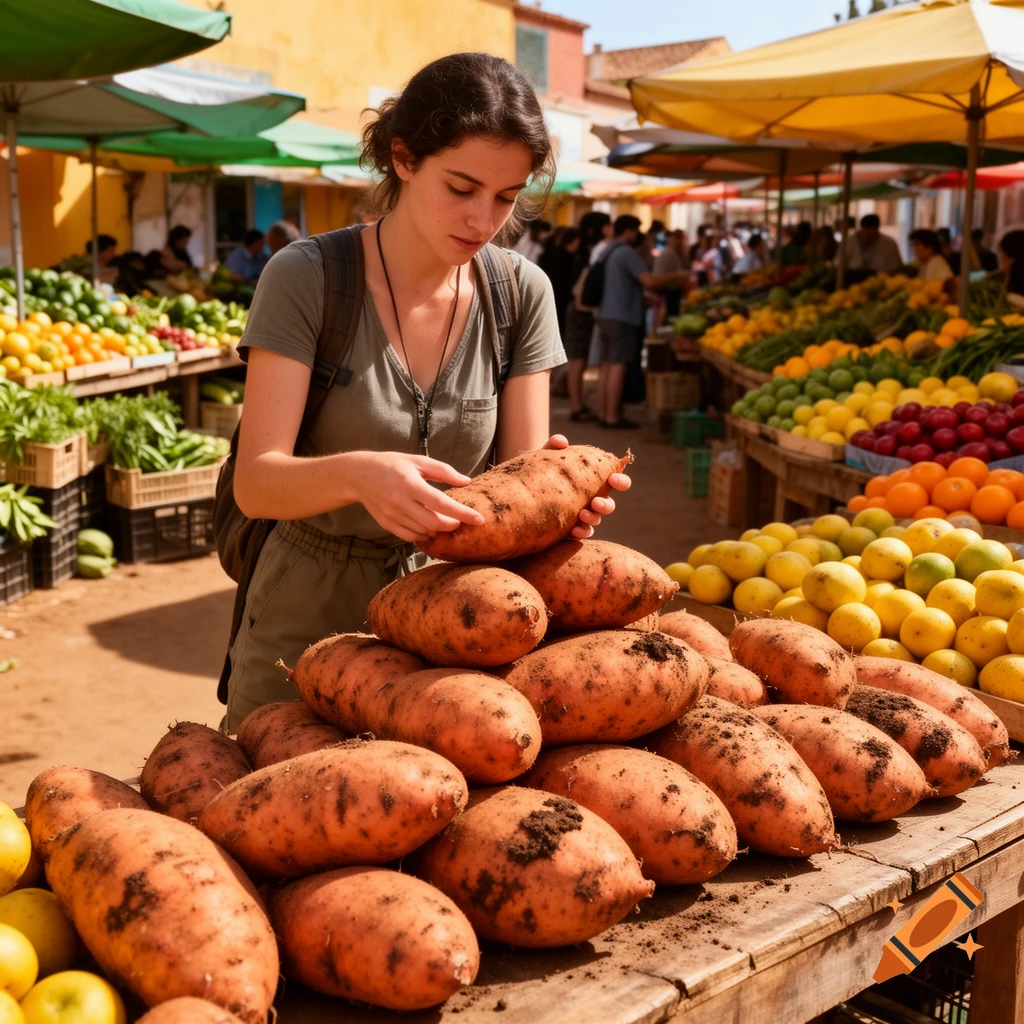 A young woman in a green shirt holds a sweet potato at a bustling outdoor market filled with colorful produce stalls under yellow awnings.