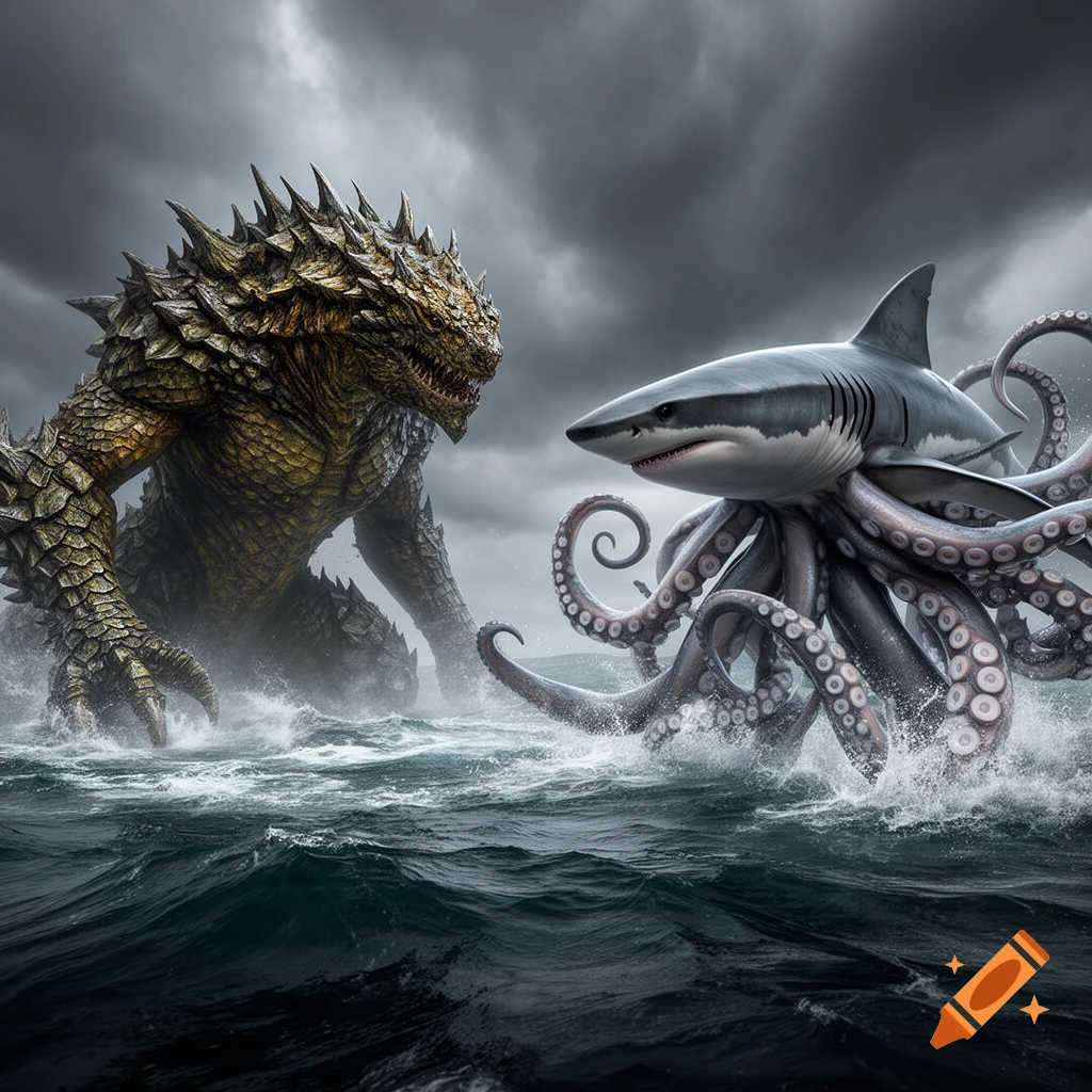 A colossal scaly monster with spikes and a menacing shark-octopus hybrid clash dramatically in a stormy, choppy ocean.
