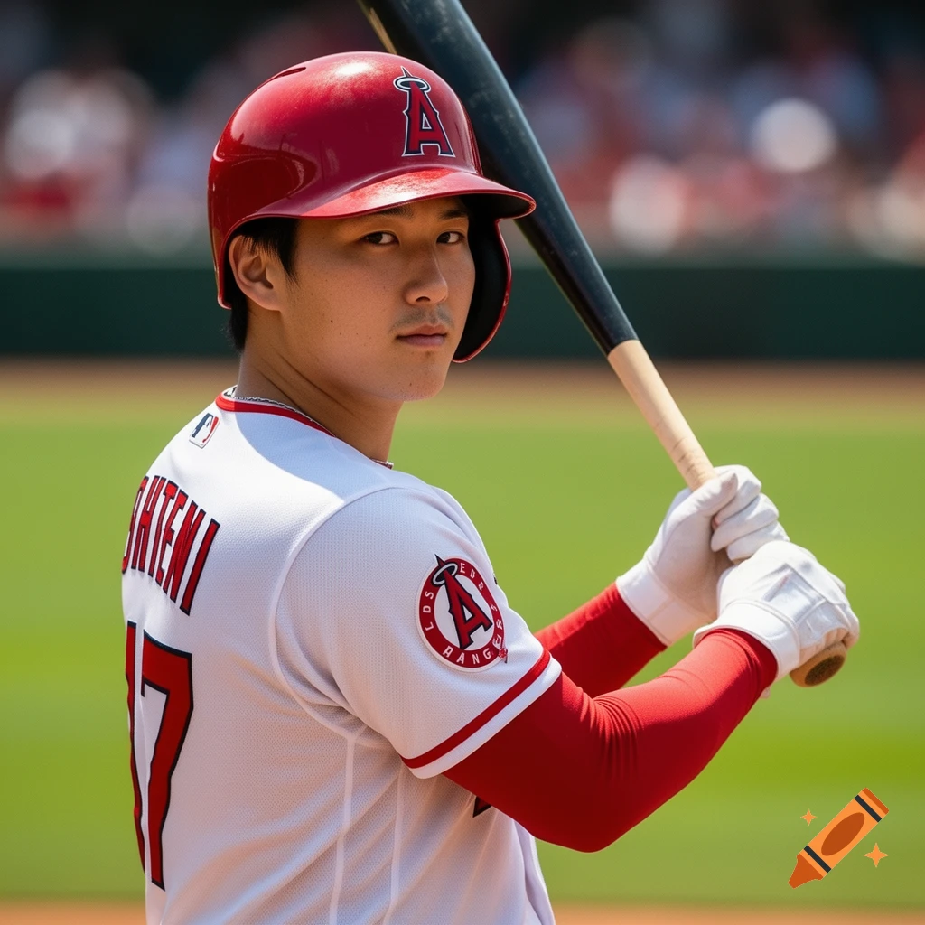 Photorealistic close-up of Shohei Ohtani, a baseball player, in a red helmet and white uniform, holding a bat and looking over his shoulder on a sunny field.