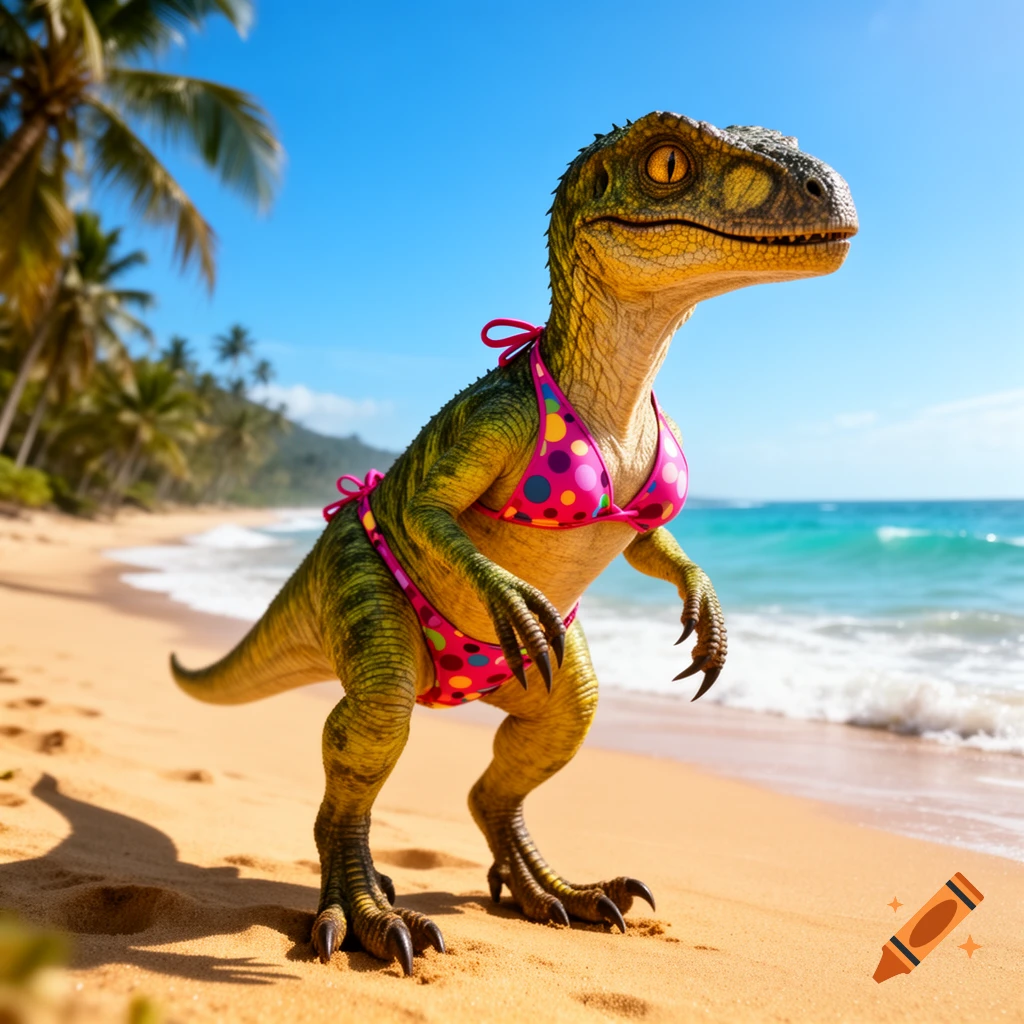 Photorealistic raptor dinosaur wearing a pink polka dot bikini on a tropical sandy beach with palm trees and ocean.