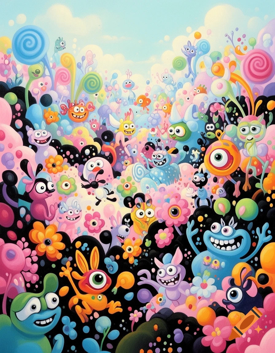A vibrant illustration of numerous whimsical, colorful cartoon monsters and abstract shapes under a light blue sky.