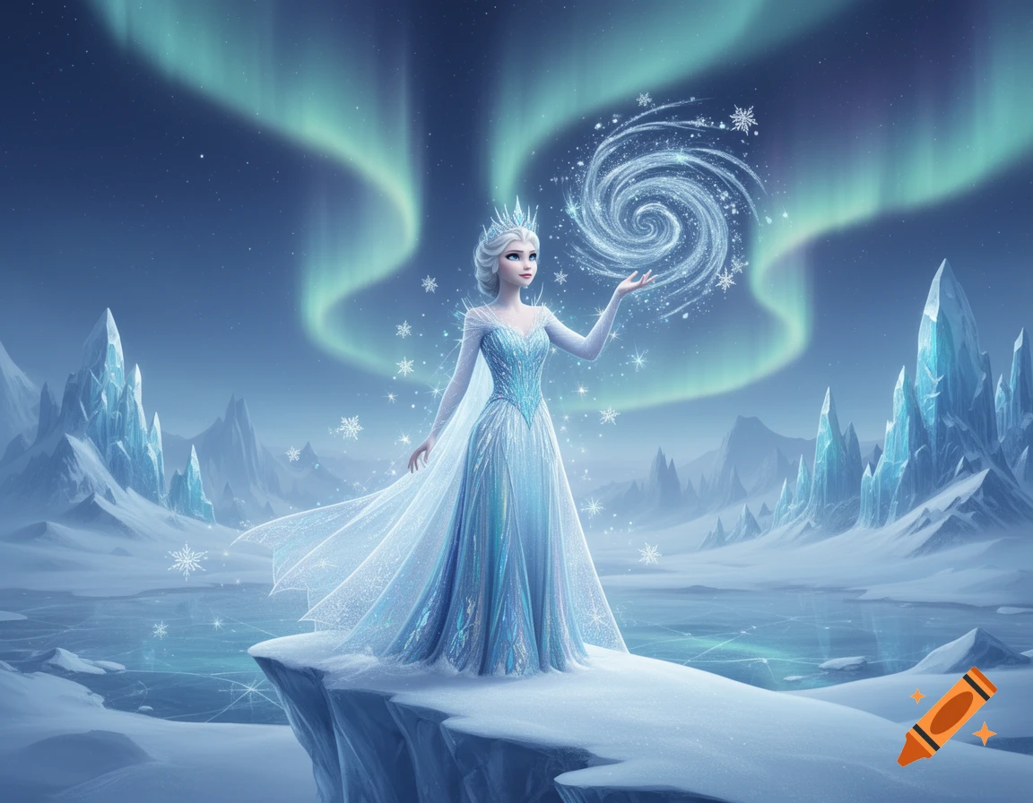 Female character resembling Elsa in a sparkling blue dress stands on an icy cliff, creating ice magic amidst a snowy landscape and aurora borealis.