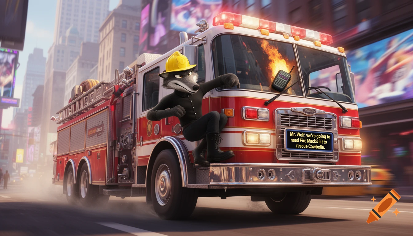An anthropomorphic wolf in a yellow helmet and black uniform crouches on the side of a red and white fire truck speeding through a city street.