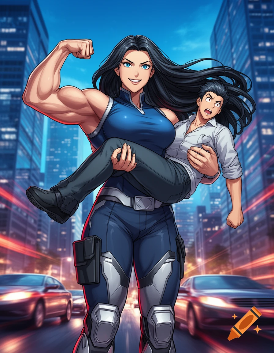 A muscular woman in a blue suit flexes her bicep while carrying a surprised man through a blurred city street, anime style.